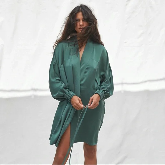 green emerald velvet dress Puffy Sleeve Sage Green Satin Prom Dress – Lisposa main image 0